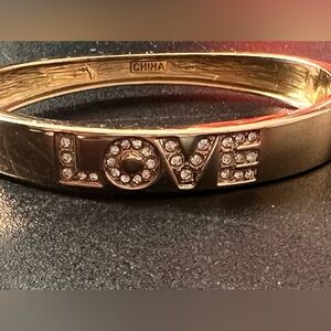Rhinestone Studded LOVE Gold Tone Mirror Shine Bangle Clasp Bracelet Valentine